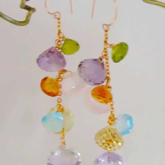 14K Gold Multi Gemstone Amethyst Kisses Briolette Chandelier Earrings - Picture 4 of 8